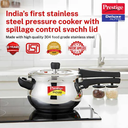  Prestige 3 Litre Stainless Steel Deluxe Alpha Svachh Outer Lid Pressure Cooker | Mini Handi | 10Y Warranty | Deep Lid for Spillage Control | TRIPLY Base | GRS | Gas & Induction Compatible | ISI - Alternate View